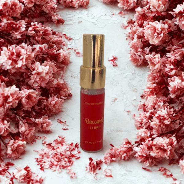 Perfume Baccaret Lumi 15 ml centralizado com moldura de flores rosadas