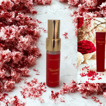 Perfume Baccaret Lumi 15 ml sobre fundo texturizado vermelho e branco