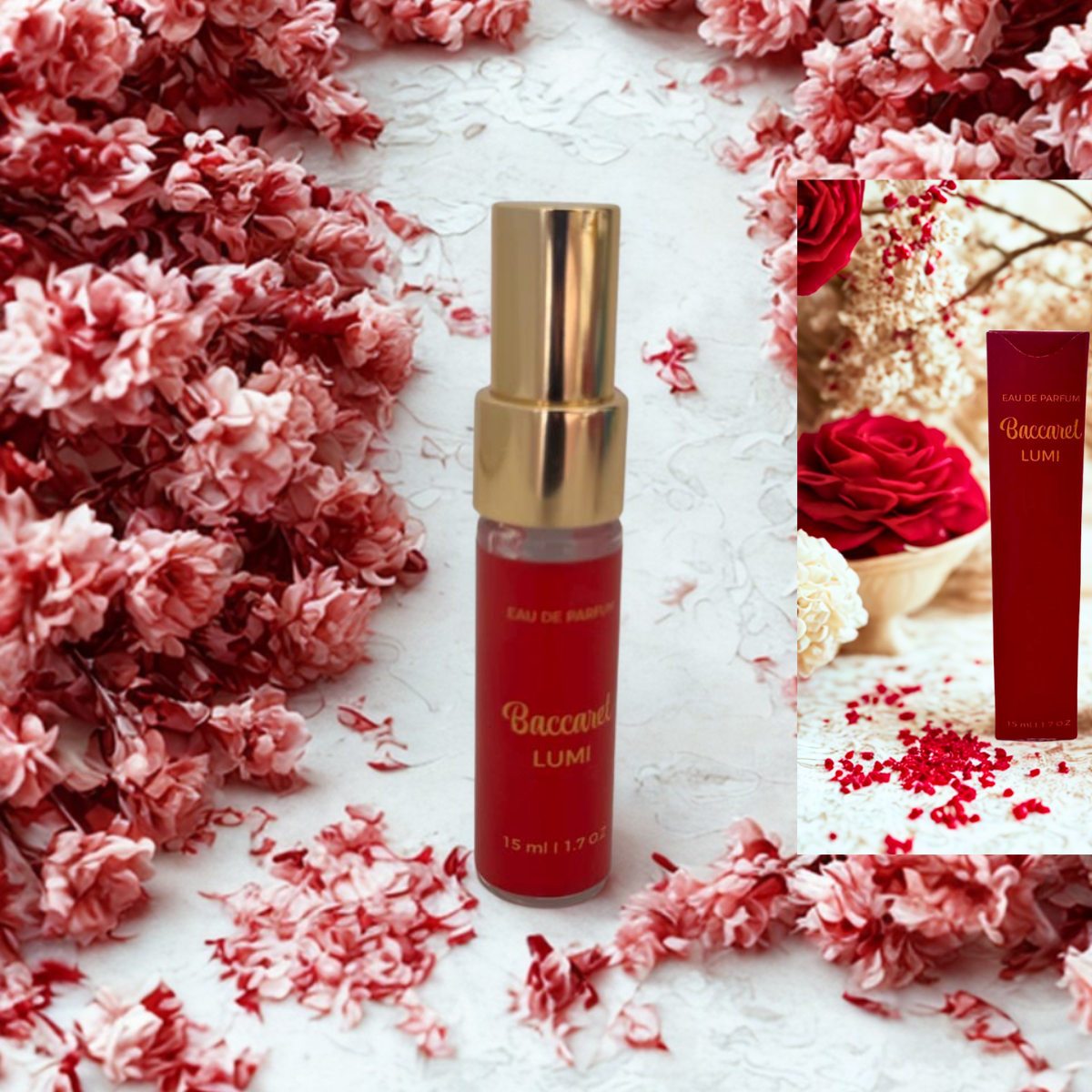 Perfume Baccaret Lumi textura âmbar floral vermelho