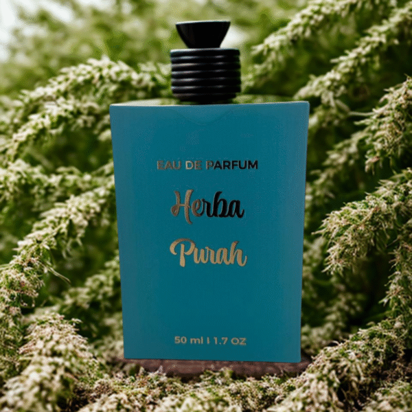Perfume Herba Purah 50 ml Candela Aromas com caixa azul em fundo verde natural