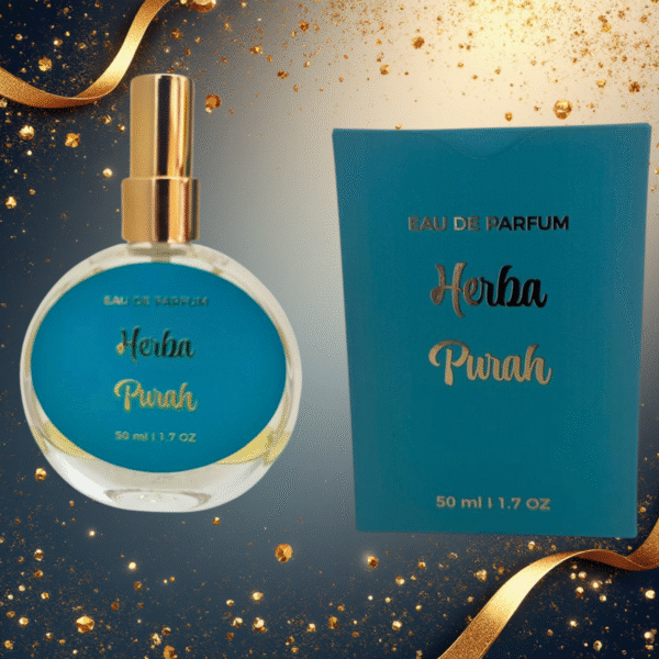 Perfume Herba Purah 50 ml Candela Aromas com caixa azul e fundo dourado