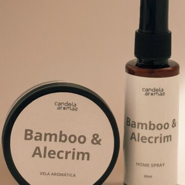 Vela aromática Bamboo & Alecrim ao lado do home spray Candela Aromas.