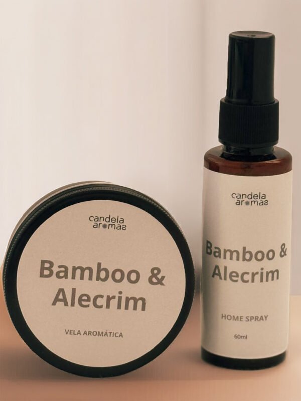 Vela aromática e home spray Bamboo & Alecrim Candela Aromas em fundo neutro.