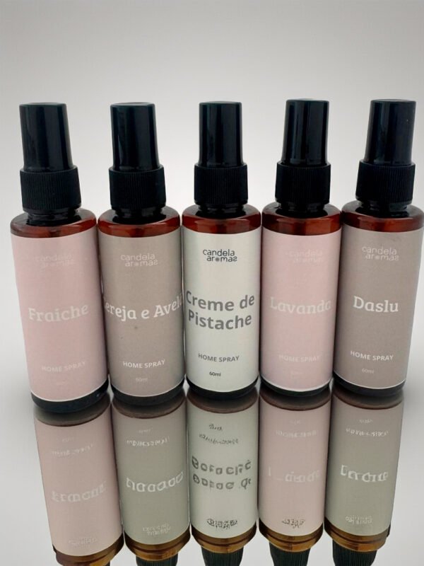 Kit 5 Home Sprays Candela Aromas com fragrâncias Fraiche, Cereja e Avelã, Creme de Pistache, Lavanda e Daslu.