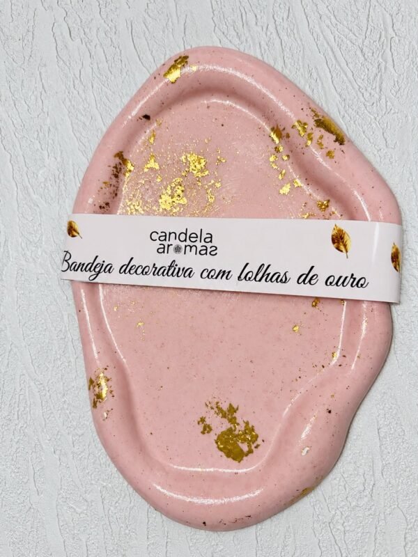 Bandeja Decorativa Rosa com Folhas de Ouro