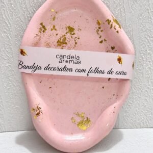 Bandeja Decorativa Rosa com Folhas de Ouro