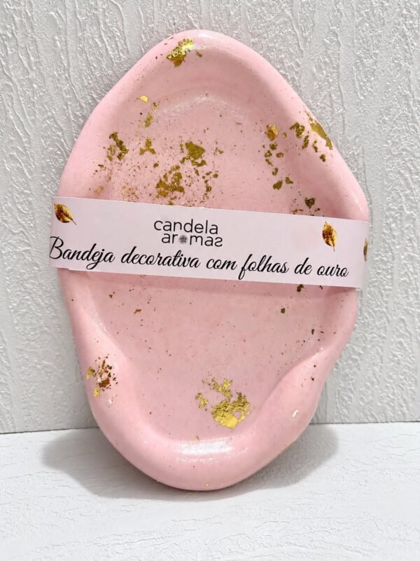 Bandeja Decorativa Rosa com Folhas de Ouro