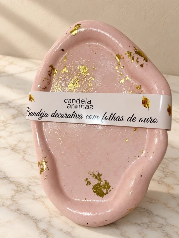 Bandeja Decorativa Rosa com Folhas de Ouro