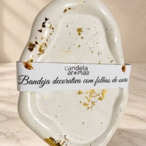 Bandeja Decorativa Branca com Folhas de Ouro