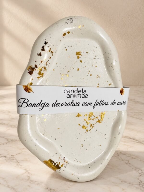 Bandeja Decorativa Branca com Folhas de Ouro