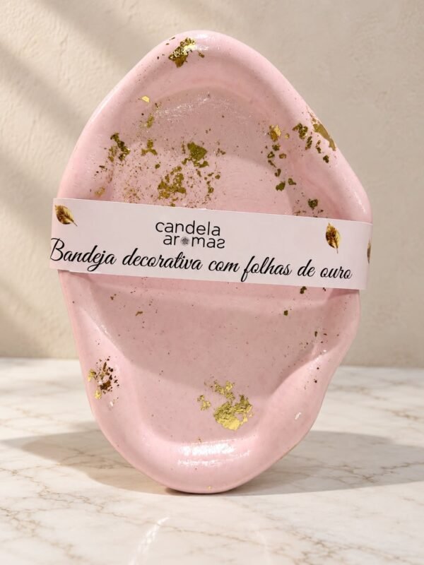 Bandeja Decorativa Rosa com Folhas de Ouro