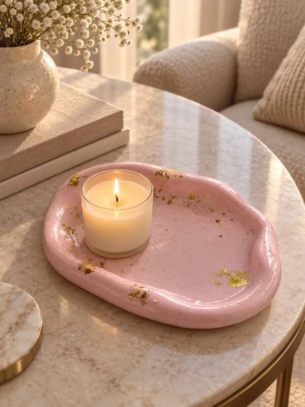 Bandeja Decorativa Rosa com Folhas de Ouro