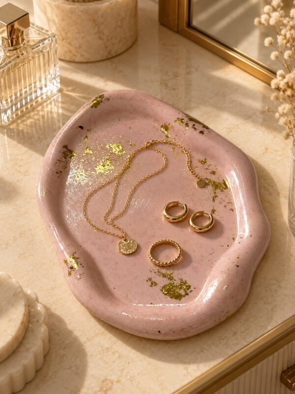 Bandeja Decorativa Rosa com Folhas de Ouro