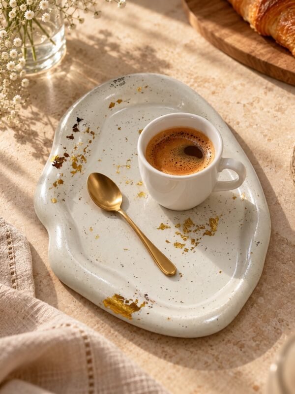 Bandeja Decorativa Branca com Folhas de Ouro